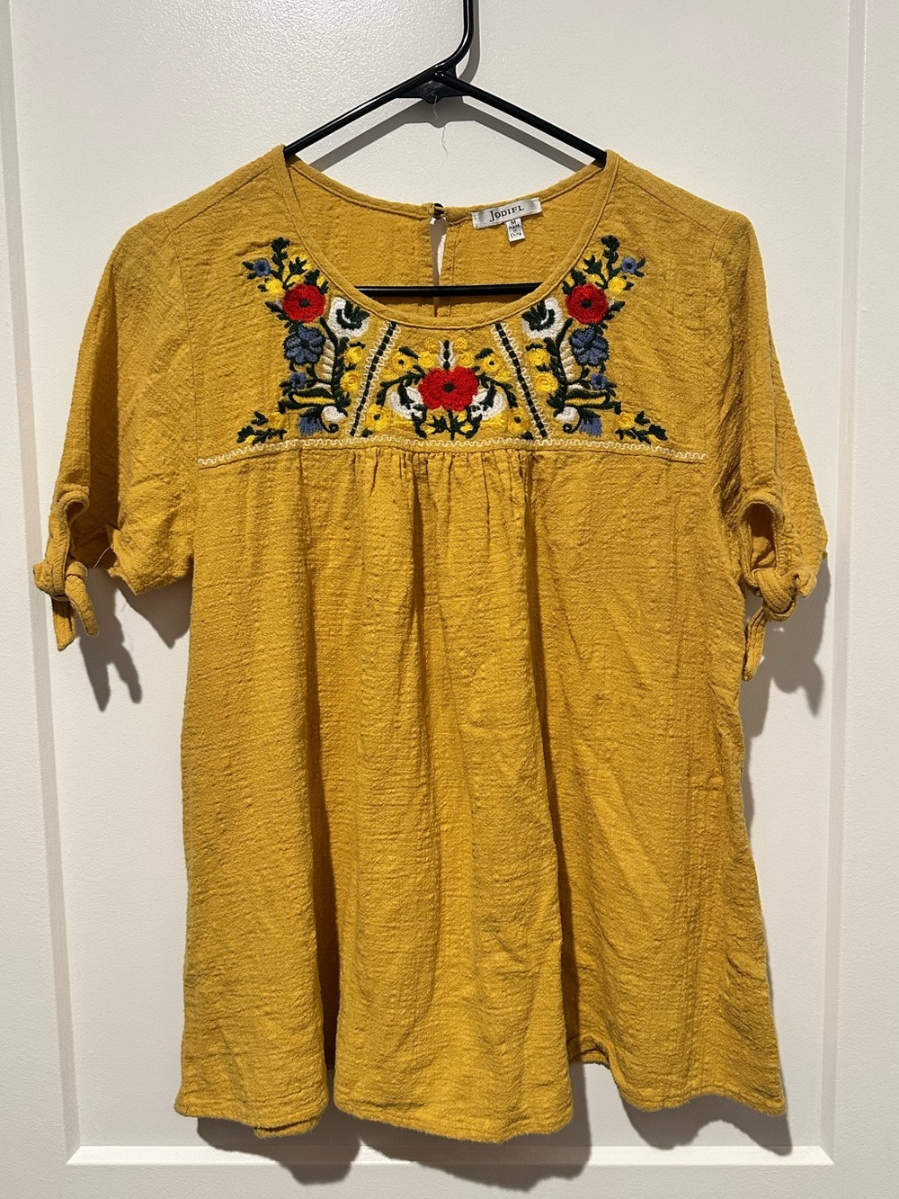 JODIFL Mustard Yellow Embroidered Scoop-Neck Tunic